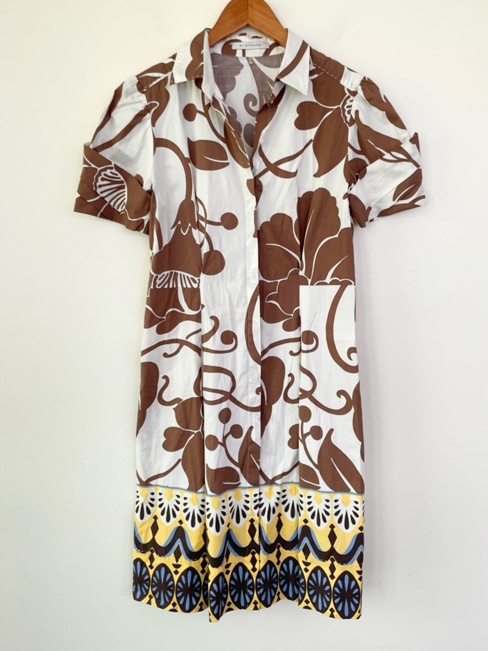 Elite Tahari Cotton Blend Fit & Flare Midi Shirtdress sz 6 Tropical Floral Print